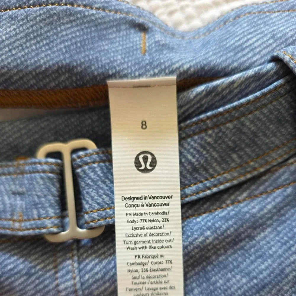 Lululemon Everlux Denim Print Super High Rise Blue shorts with a unique belt